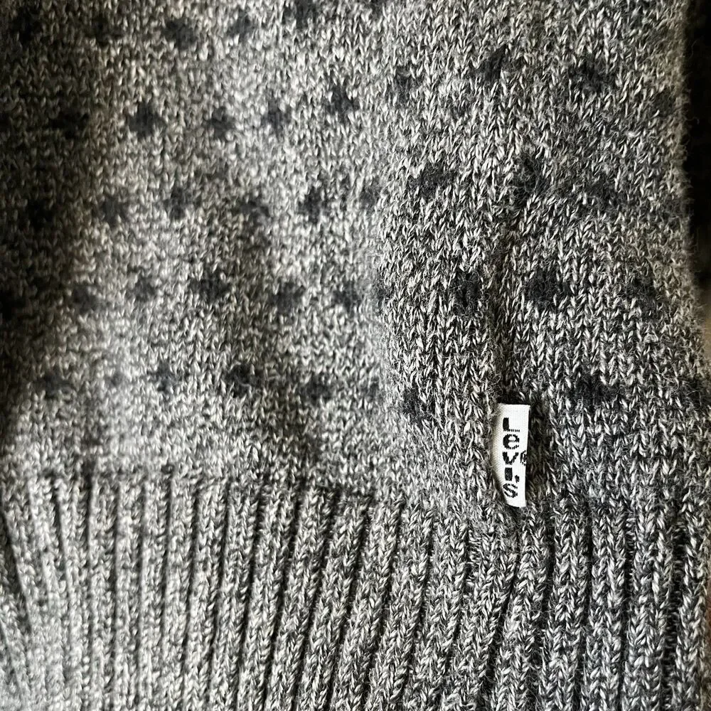 Levi's Pullover Sweater Men Size M Gray Fair Isle Birds Eye Shawl Neck Rib Knit